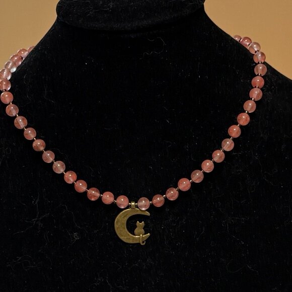 Cherry Quartz Short Necklace with Bronze Cat on the Moon Pendant - Picture 3 of 13